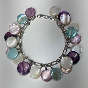 925 Silver Figaro Chain with Mother of Pearl Dangle Discs